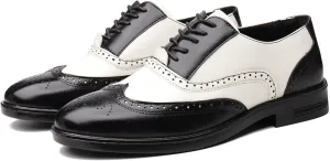 Mens Multicolor Leather Lace Up Brogues Dress Oxford Shoes Retro Two Tone Wingtip Carving Prom Derby Shoes Pointed Toe Business Formal Shoes