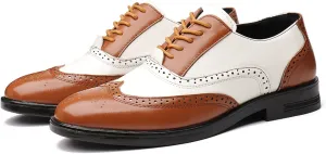 Mens Multicolor Leather Lace Up Brogues Dress Oxford Shoes Retro Two Tone Wingtip Carving Prom Derby Shoes Pointed Toe Business Formal Shoes