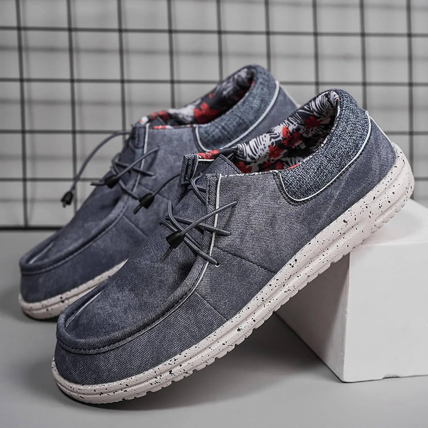 Mens Slip-on Canvas Loafers Casual Comfortable Vintage Boat Shoes Flat Deck Shoes