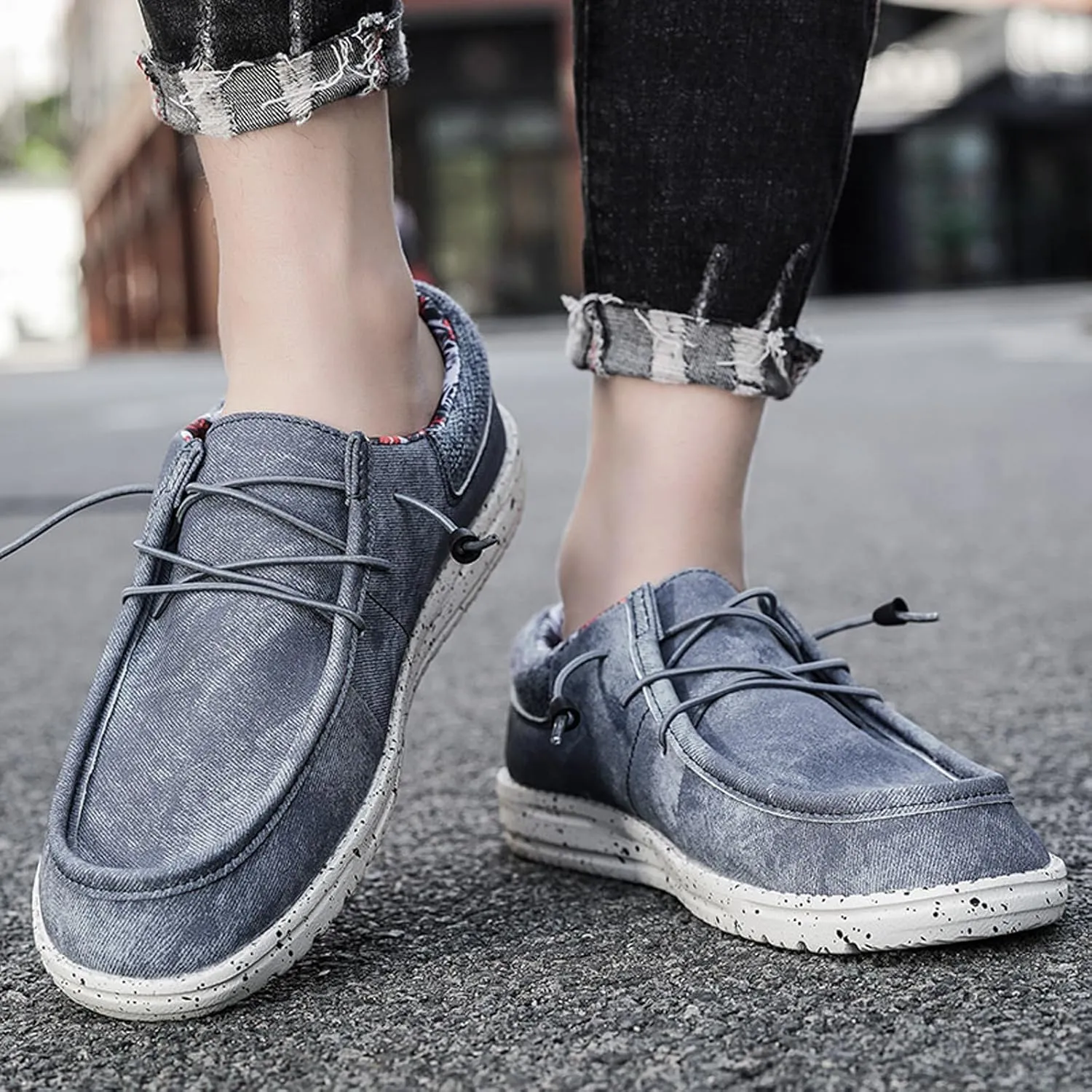 Mens Slip-on Canvas Loafers Casual Comfortable Vintage Boat Shoes Flat Deck Shoes