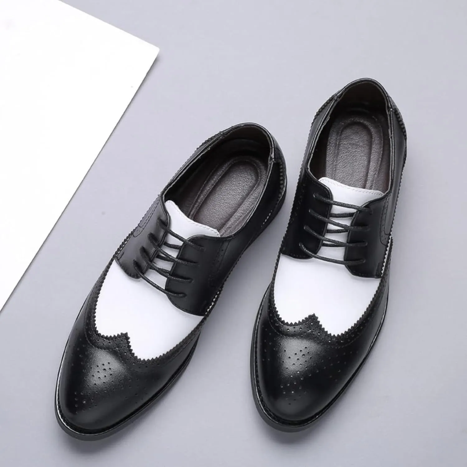 Men's Two Tone Brogue Shoes with Lace up Wingtip Oxfords Comfortable Casual Ball Leather Formal Shoes