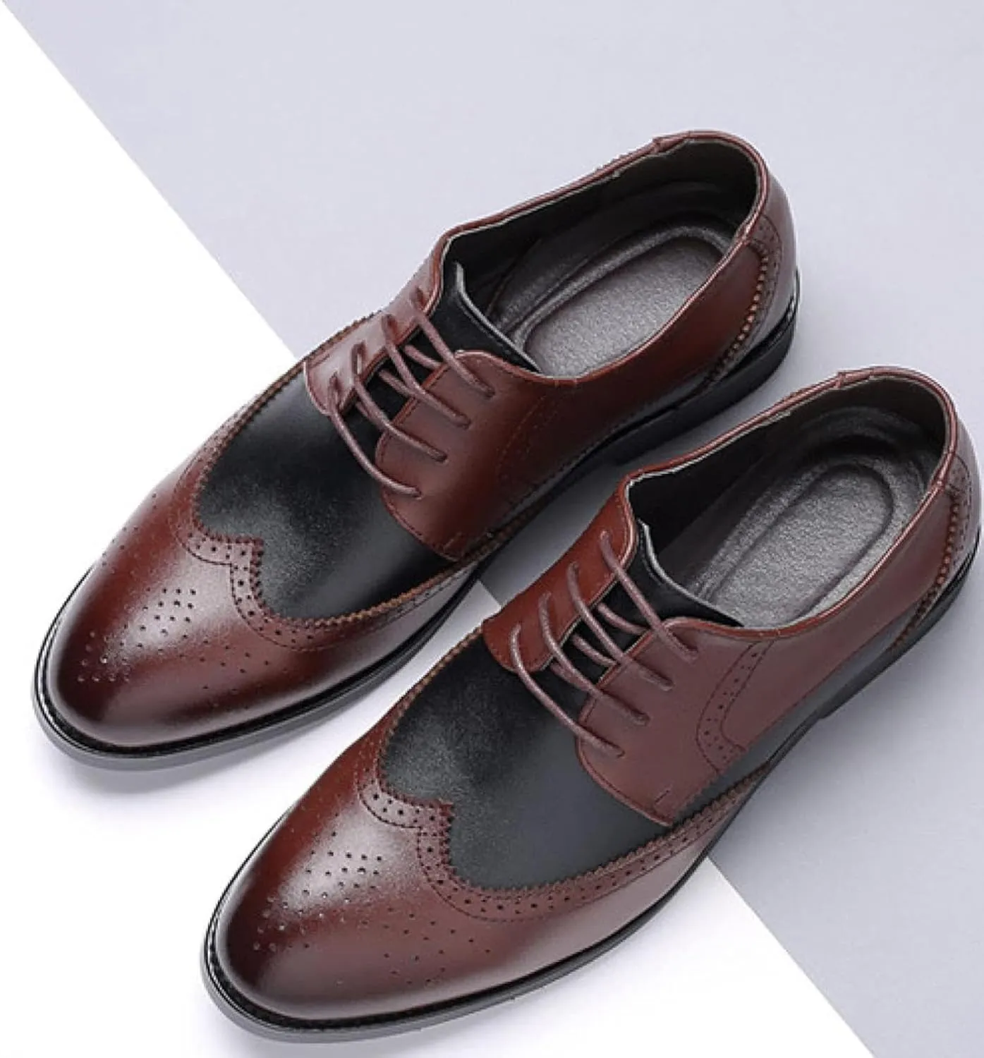 Men's Two Tone Brogue Shoes with Lace up Wingtip Oxfords Comfortable Casual Ball Leather Formal Shoes