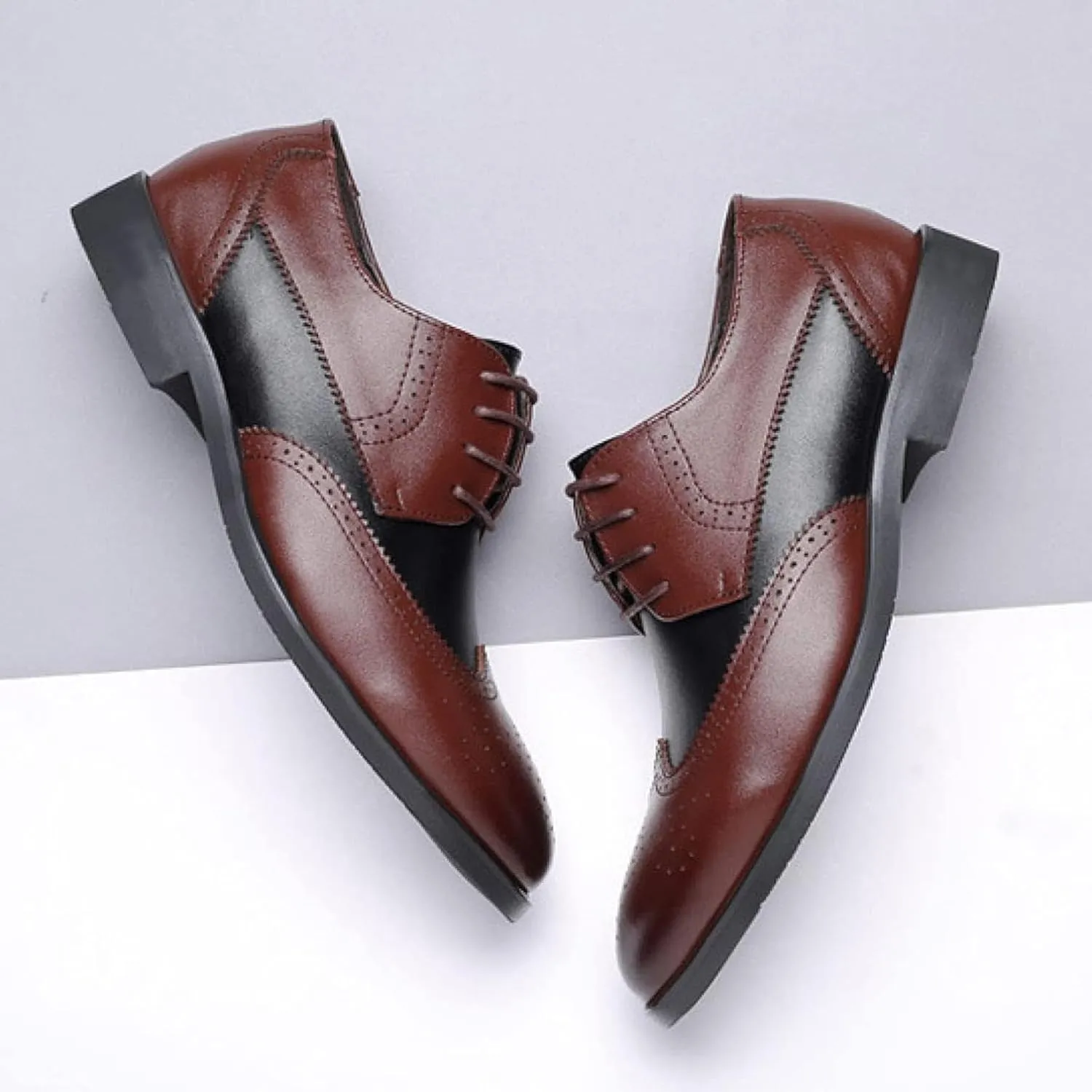 Men's Two Tone Brogue Shoes with Lace up Wingtip Oxfords Comfortable Casual Ball Leather Formal Shoes