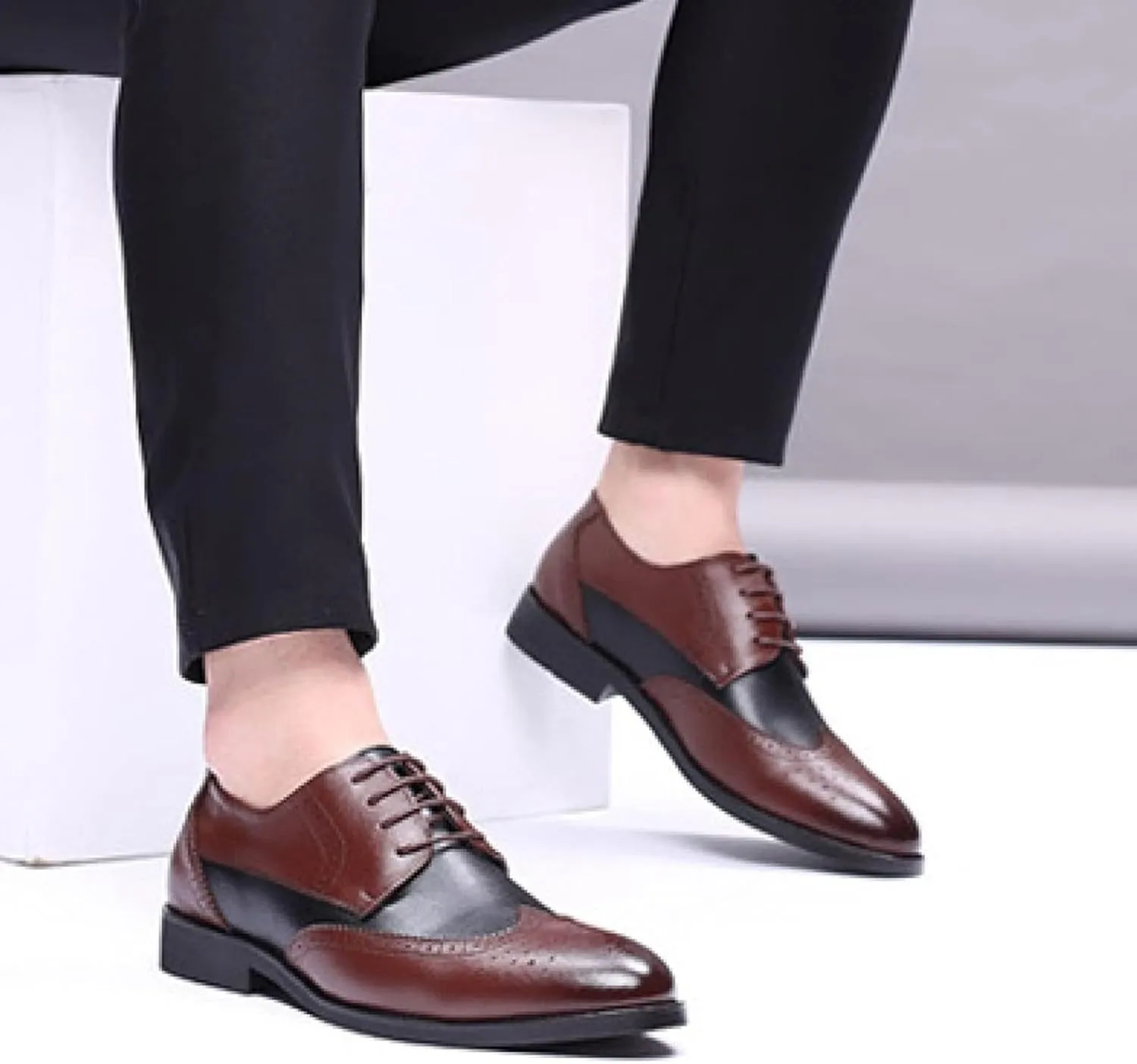 Men's Two Tone Brogue Shoes with Lace up Wingtip Oxfords Comfortable Casual Ball Leather Formal Shoes