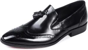 Oxford for Men Brogue Shoes Slip On StyleGenuine Leather Casual Loafer Low Top Block Heel Tassels Carving Wingtip Pointed Toe