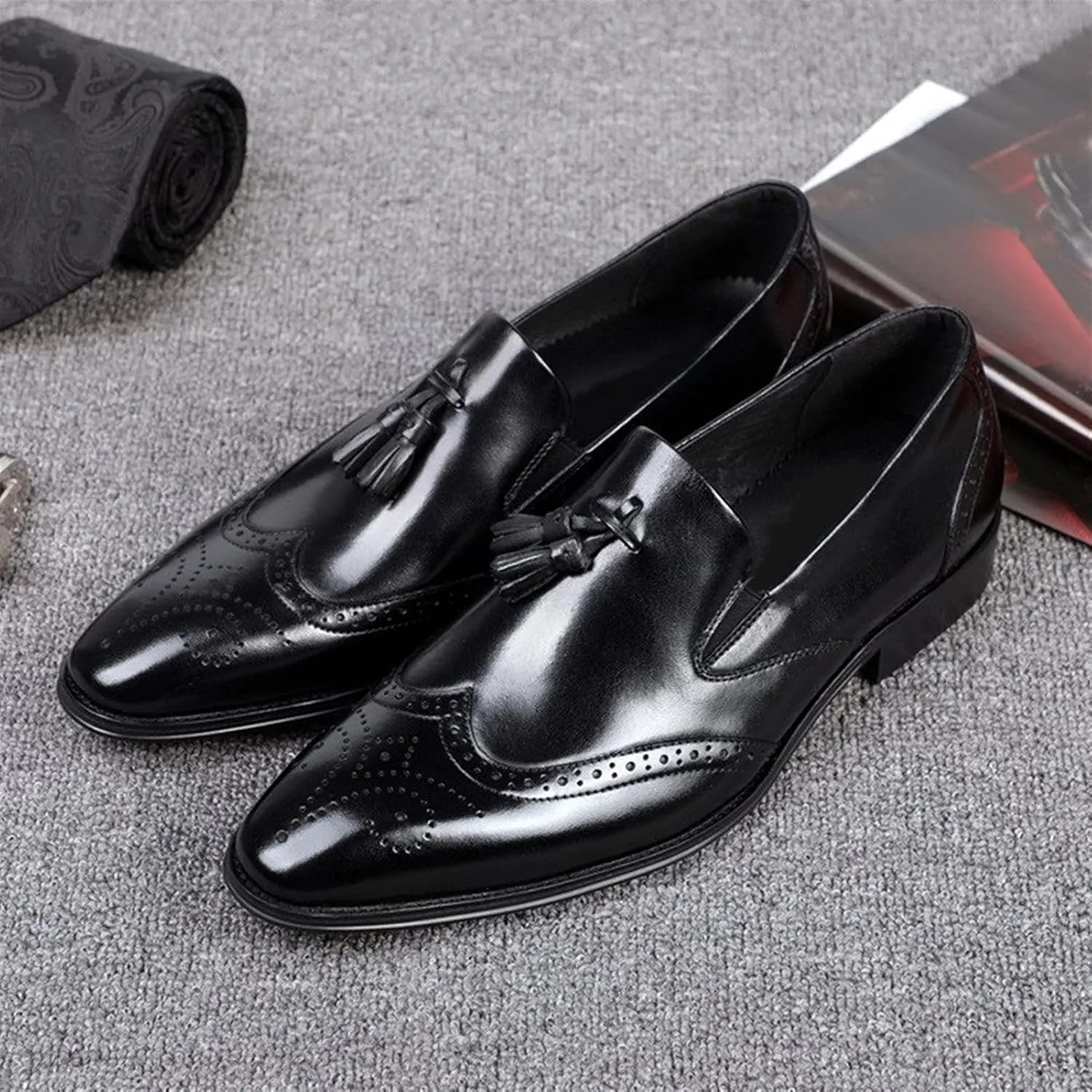 Oxford for Men Brogue Shoes Slip On StyleGenuine Leather Casual Loafer Low Top Block Heel Tassels Carving Wingtip Pointed Toe