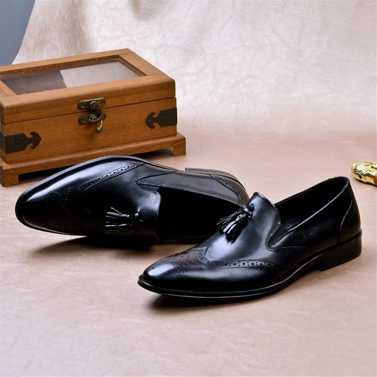 Oxford for Men Brogue Shoes Slip On StyleGenuine Leather Casual Loafer Low Top Block Heel Tassels Carving Wingtip Pointed Toe