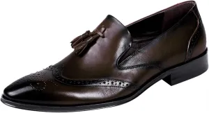 Oxford for Men Brogue Shoes Slip On StyleGenuine Leather Casual Loafer Low Top Block Heel Tassels Carving Wingtip Pointed Toe