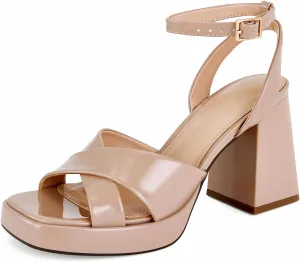 Platform Sandals Women Comfortable Block Chunky Heels 3.5 Nude High Heels Square Toe Ankle Strap Dressy Sandals Shoes for Party Prom Evening Graduation