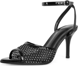 SAMMITOP Women's High Heels Sexy Stiletto Sandals Open Peep Toe Mesh Sparkly Rhinestones Ankle Strap Dress Wedding Party Pumps Shoes 3.5 Inch