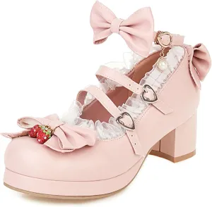 SHEMEE Women's Kawaii Sweet Bow Cosplay Dress Shoes Chunky Platform Mid Block Heels Buckle Ankle Strap Mary Jane Pumps
