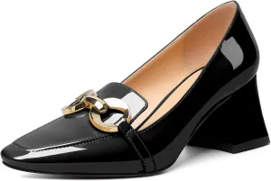 Soireelady Block Heels for Women|Square Toe Chunky Heels| Mid Block Heel Pumps|Retro Metal Chain Heels|Classic Slip-On Loafer Shoes|Dressy Pumps for Party Wedding Evening and Office