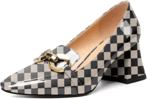Soireelady Block Heels for Women|Square Toe Chunky Heels| Mid Block Heel Pumps|Retro Metal Chain Heels|Classic Slip-On Loafer Shoes|Dressy Pumps for Party Wedding Evening and Office