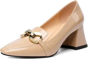 Soireelady Block Heels for Women|Square Toe Chunky Heels| Mid Block Heel Pumps|Retro Metal Chain Heels|Classic Slip-On Loafer Shoes|Dressy Pumps for Party Wedding Evening and Office