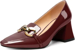 Soireelady Block Heels for Women|Square Toe Chunky Heels| Mid Block Heel Pumps|Retro Metal Chain Heels|Classic Slip-On Loafer Shoes|Dressy Pumps for Party Wedding Evening and Office