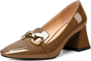 Soireelady Block Heels for Women|Square Toe Chunky Heels| Mid Block Heel Pumps|Retro Metal Chain Heels|Classic Slip-On Loafer Shoes|Dressy Pumps for Party Wedding Evening and Office