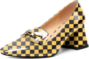 Soireelady Block Heels for Women|Square Toe Chunky Heels| Mid Block Heel Pumps|Retro Metal Chain Heels|Classic Slip-On Loafer Shoes|Dressy Pumps for Party Wedding Evening and Office