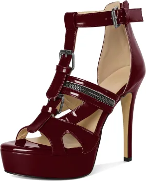 Soireelady Women's Platform High Heels Gothic Sandals Open Toe T-strap Stiletto Heels Peep Toe Punk Heeled Sandals 5 Inch