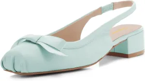 Tang'scuisins Women Elegant Bow Slingback Slip on Pumps Pleated Closed Square Toe Sandals Low Block Heels Stylish Prom Wedding Dress Party Shoes Size 4-16 US