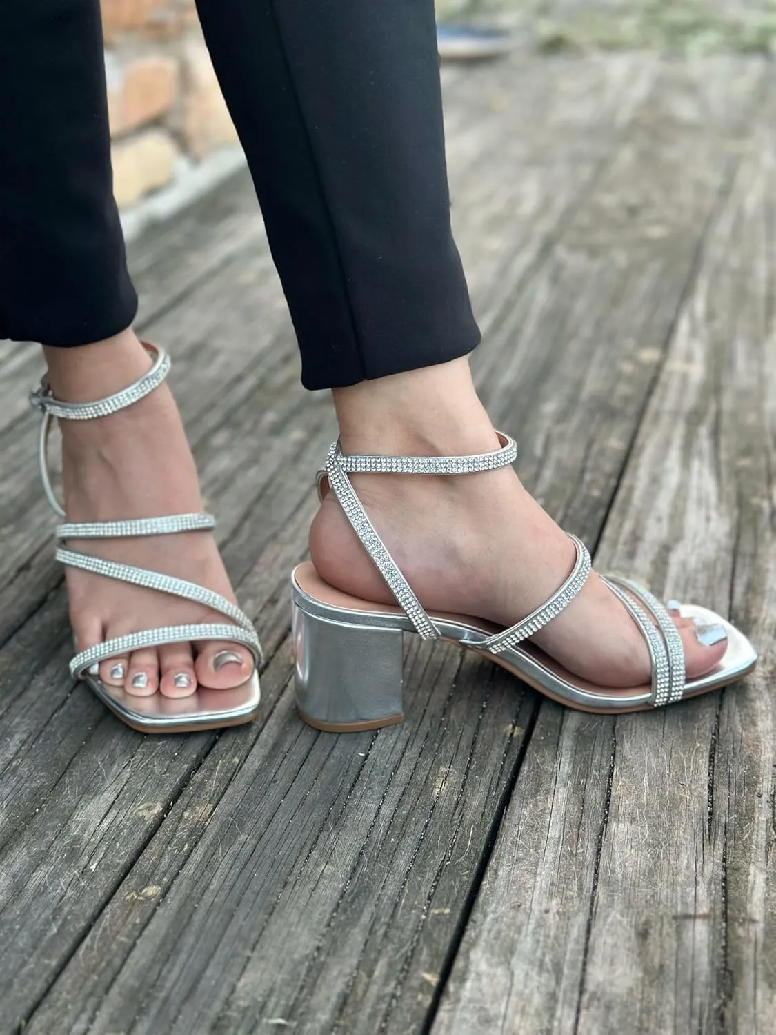 TOP Moda Women Rhinestone Strappy Sandals with Block Heels