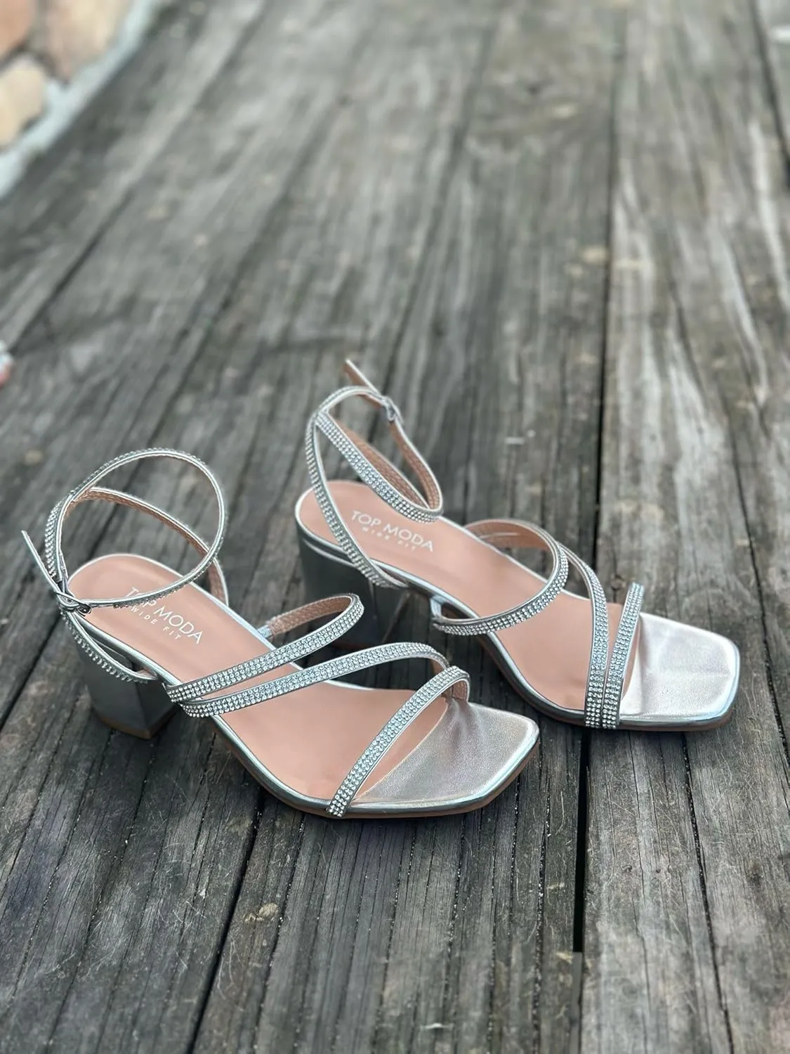 TOP Moda Women Rhinestone Strappy Sandals with Block Heels