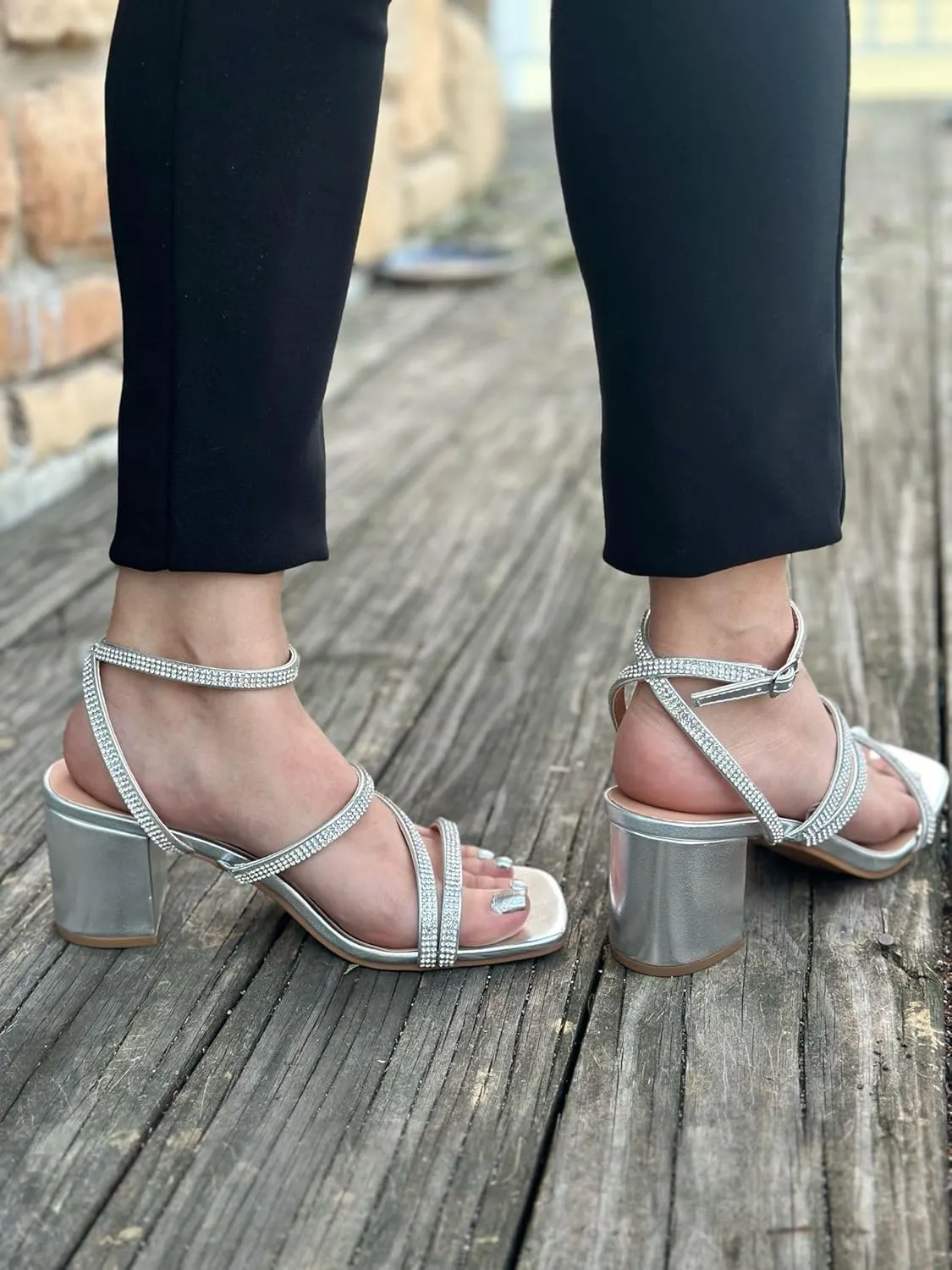 TOP Moda Women Rhinestone Strappy Sandals with Block Heels