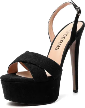 WAYDERNS Womens Suede Peep Toe Solid Buckle Ankle Strap Slingback Dress Platform Dating Stiletto High Heel Heeled Sandals 6 Inch