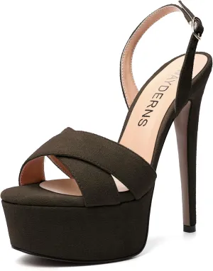 WAYDERNS Womens Suede Peep Toe Solid Buckle Ankle Strap Slingback Dress Platform Dating Stiletto High Heel Heeled Sandals 6 Inch