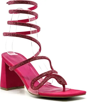 Wild Diva Women's Rhinestone Strappy Spiral Ankle Strap Low Chunky Block Heel Sandals