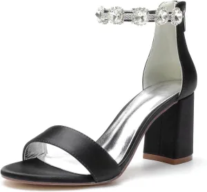 Women's Block Heel Wedding Shoes for Bride Chunky Heeled Sandals Rhinestones Bridal Shoes