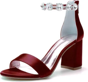Women's Block Heel Wedding Shoes for Bride Chunky Heeled Sandals Rhinestones Bridal Shoes