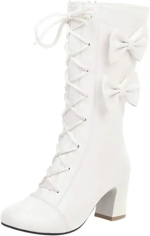 Womens Bows Lace Up Mid Calf Chunky Heel Ankle Boots with Zip