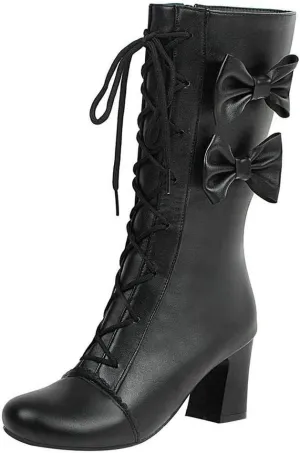 Womens Bows Lace Up Mid Calf Chunky Heel Ankle Boots with Zip