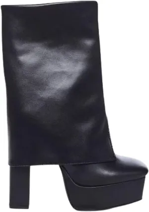 Women's Fold Over Chunky Platform High Heel Mid Calf Boots Slip-on Fashion Boot Bootie