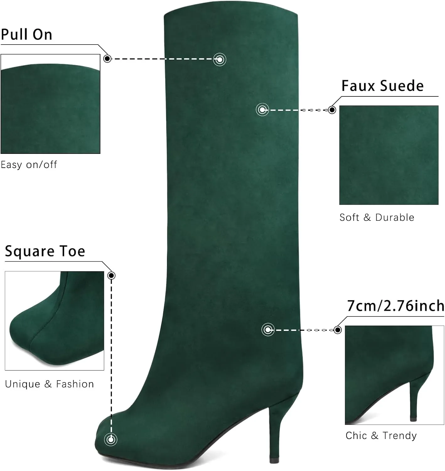 Women's Knee High Suede Boots for Women Square Toe Stiletto Heels Tall Boots Pull On High Heel Long Booties
