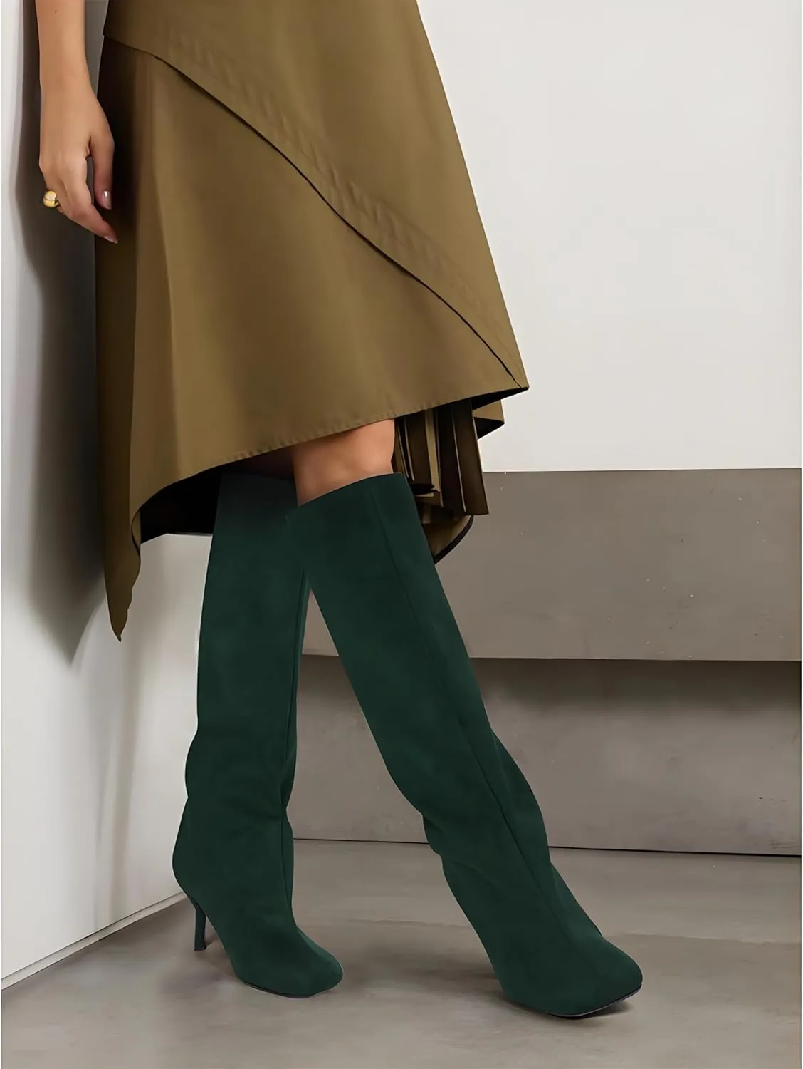 Women's Knee High Suede Boots for Women Square Toe Stiletto Heels Tall Boots Pull On High Heel Long Booties