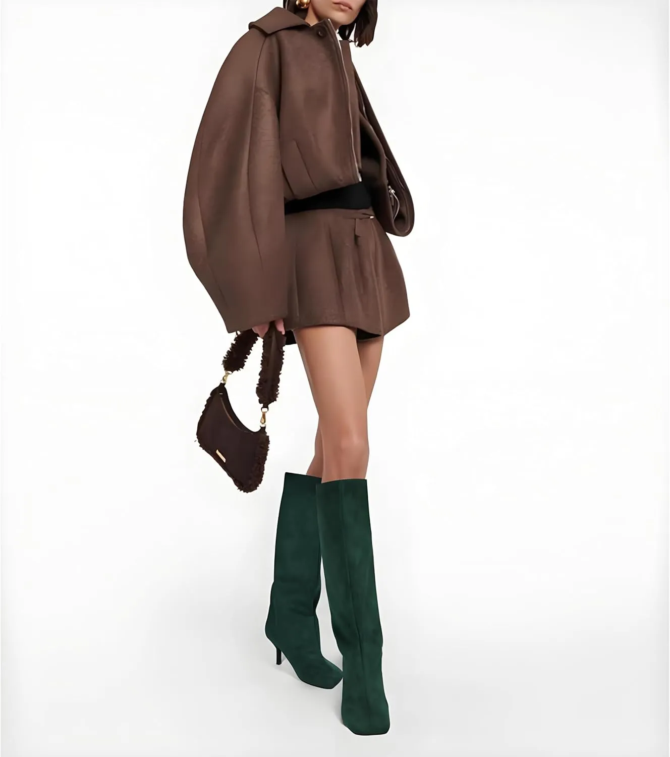 Women's Knee High Suede Boots for Women Square Toe Stiletto Heels Tall Boots Pull On High Heel Long Booties