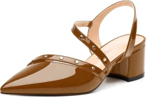 Women's Low Chunky Heel Pumps - Pointed Toe Slip On Slingback, Solid Color Dress Shoes with Comfortable Block Heels for Weddings, Parties, Daily Wear