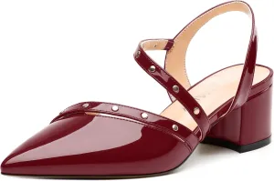 Women's Low Chunky Heel Pumps - Pointed Toe Slip On Slingback, Solid Color Dress Shoes with Comfortable Block Heels for Weddings, Parties, Daily Wear