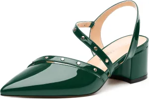Women's Low Chunky Heel Pumps - Pointed Toe Slip On Slingback, Solid Color Dress Shoes with Comfortable Block Heels for Weddings, Parties, Daily Wear