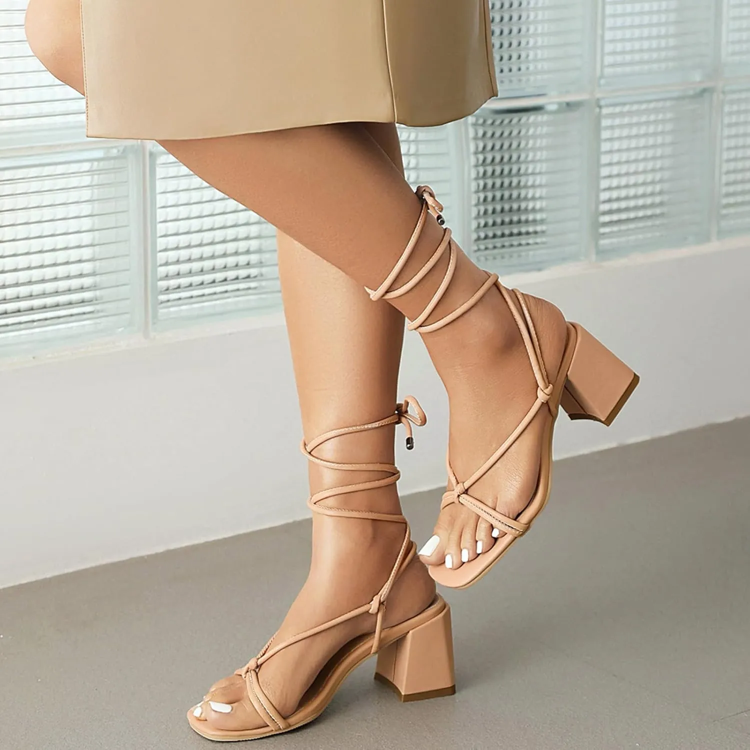 Womens Open Toe Lace Up Strappy Block Heels Sandals