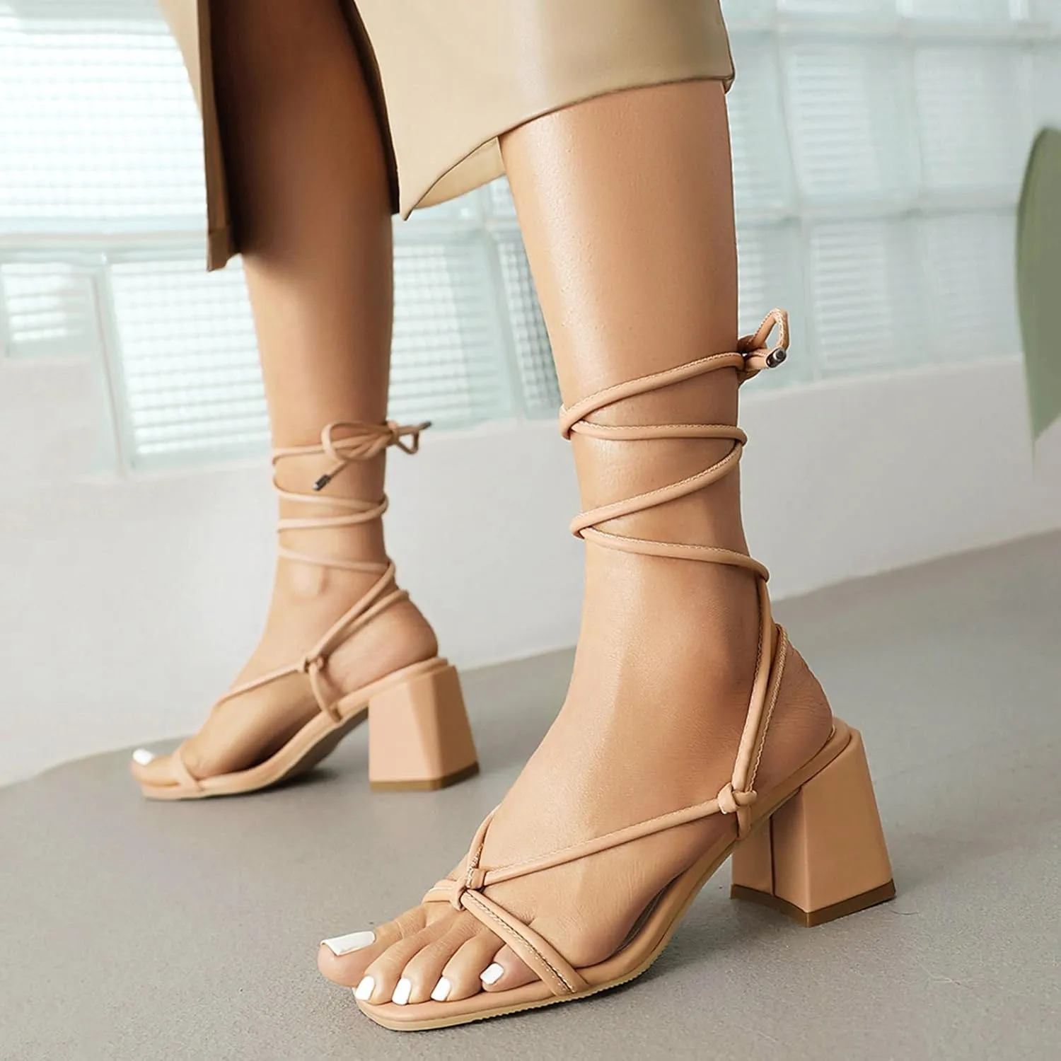Womens Open Toe Lace Up Strappy Block Heels Sandals