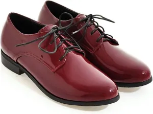 Women's Patented Leather Lace up Oxford Dress with Low Heels and Wingtip Brogue Shoes