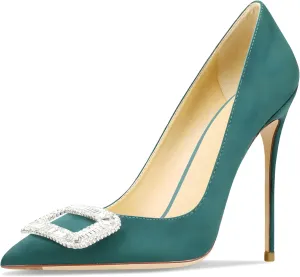 Women's Pointed Toe Shallow Mouth Sexy Square Buckle Rhinestones 10cm Stiletto Heels Slip-on Wedding Party Banquet Big Size Shoes