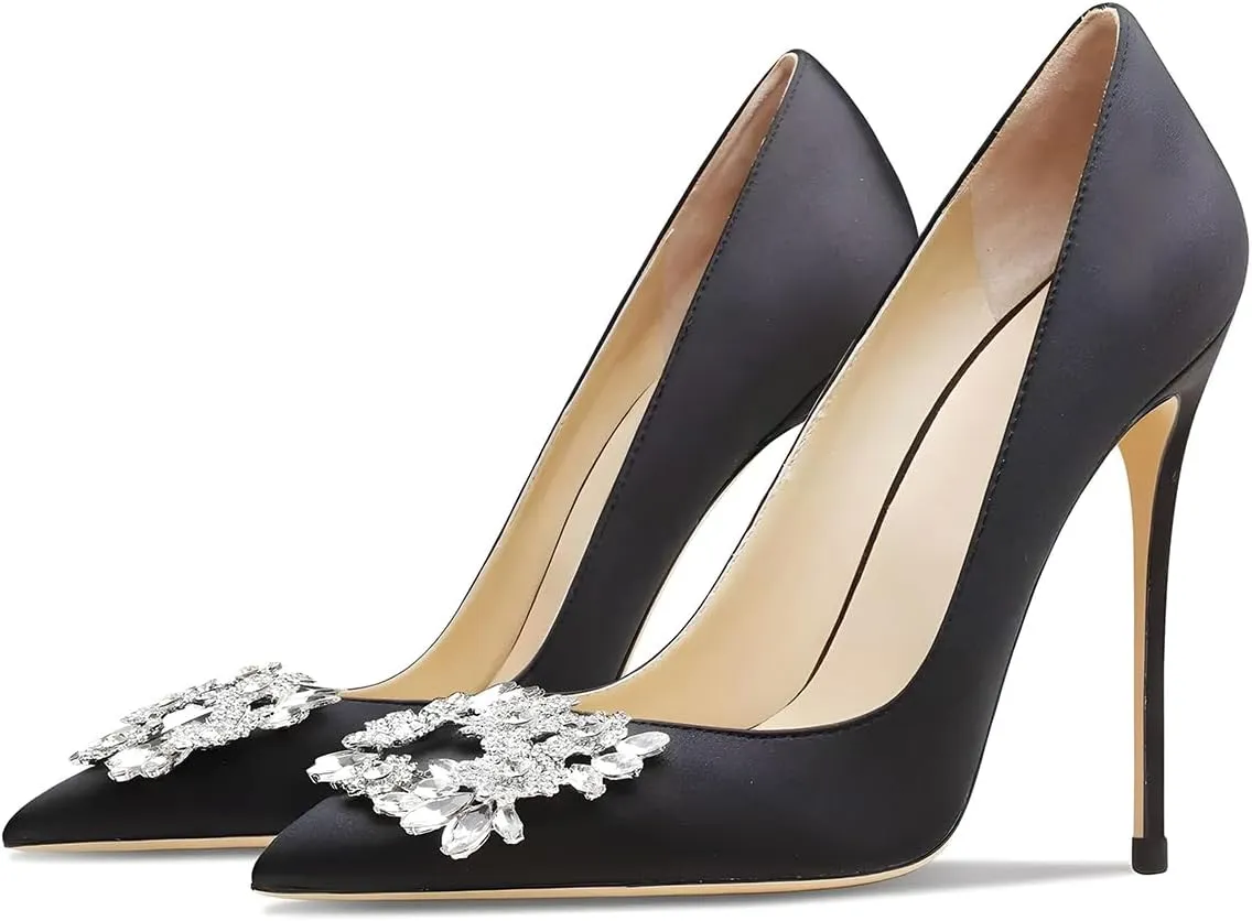 Women's Pointed Toe Shallow Mouth Sexy Square Buckle Rhinestones 10cm Stiletto Heels Slip-on Wedding Party Banquet Big Size Shoes