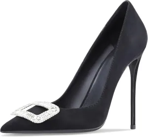 Women's Pointed Toe Shallow Mouth Sexy Square Buckle Rhinestones 10cm Stiletto Heels Slip-on Wedding Party Banquet Big Size Shoes