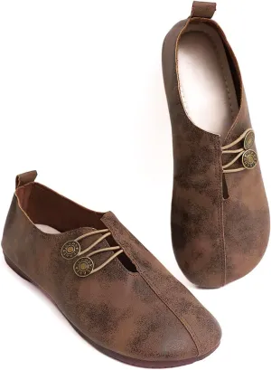 Women's Shoes - Khaki Flat Shoes with Button Detail for Everyday Elegance