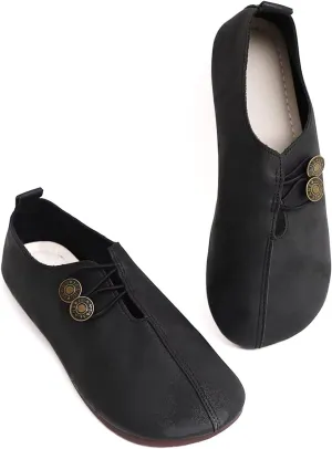 Women's Shoes - Khaki Flat Shoes with Button Detail for Everyday Elegance