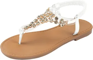 Women's Temperament Versatile Shoes Flat Rhinestone Beach Flip Flops Elastic Ankle Strap Dressy Sandals