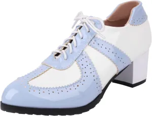 Womens Wingtip Lace Up Oxfords Pointed Toe Chunky Heel Pumps Vintage Patent Leather Brogue Shoes